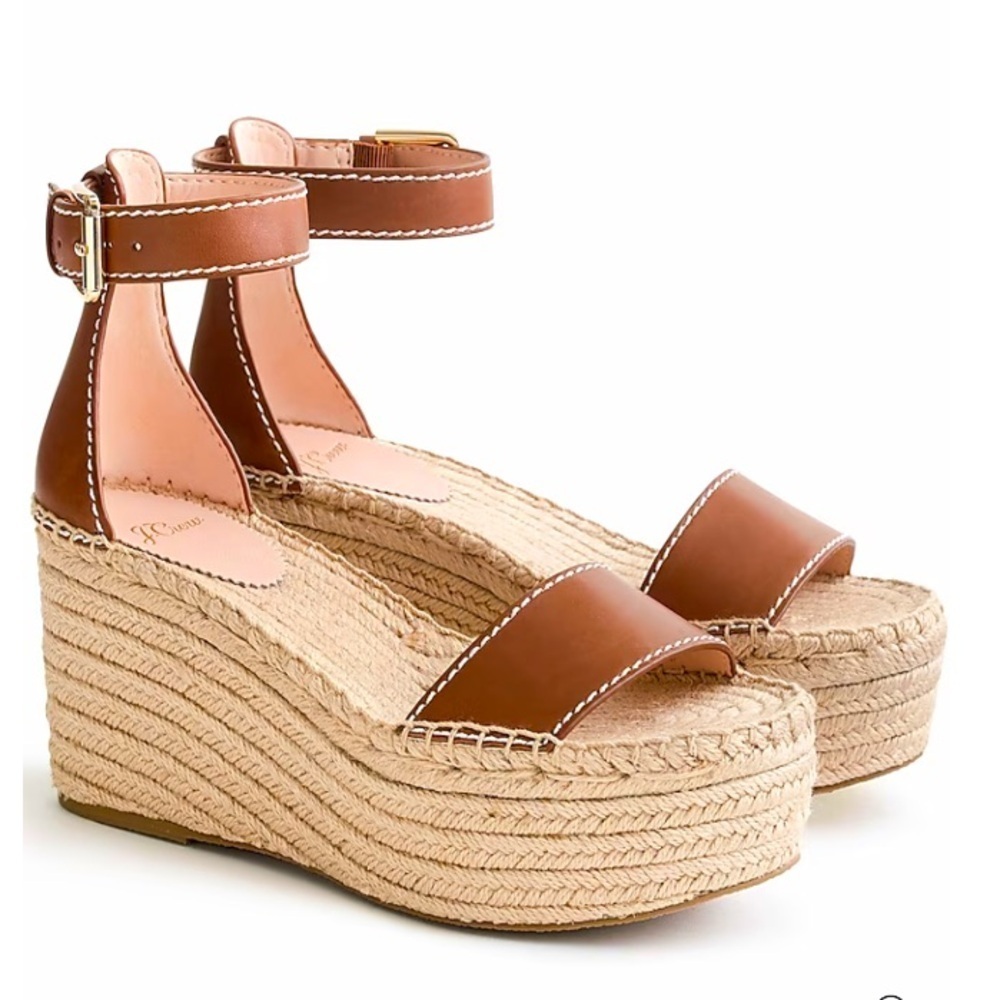 J CREW Leather Platform Wedge Espadrilles in Burnished Pecan
